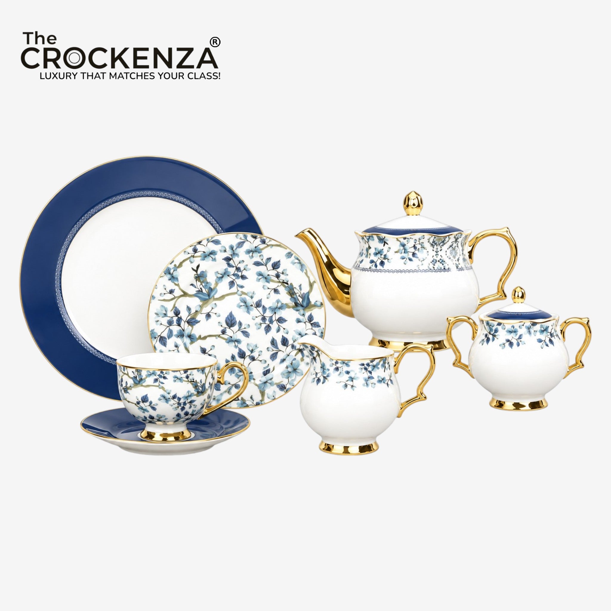 Imperial Sapphire Blossom Johnson Bros inspired 24-piece Tea Set – Fine Bone China with 24K Gold Trim