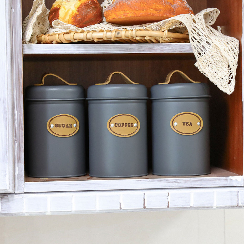 Modern Kitchen Canister Trio – Airtight Grey Jars for Coffee, Tea & Sugar with Leather straps
