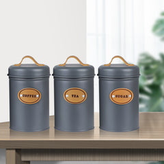 Modern Kitchen Canister Trio – Airtight Grey Jars for Coffee, Tea & Sugar with Leather straps