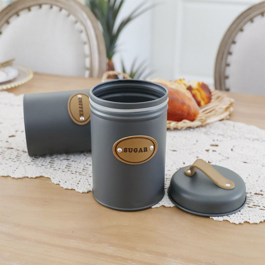 Modern Kitchen Canister Trio – Airtight Grey Jars for Coffee, Tea & Sugar with Leather straps