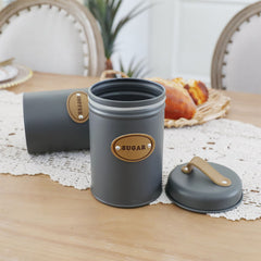 Modern Kitchen Canister Trio – Airtight Grey Jars for Coffee, Tea & Sugar with Leather straps