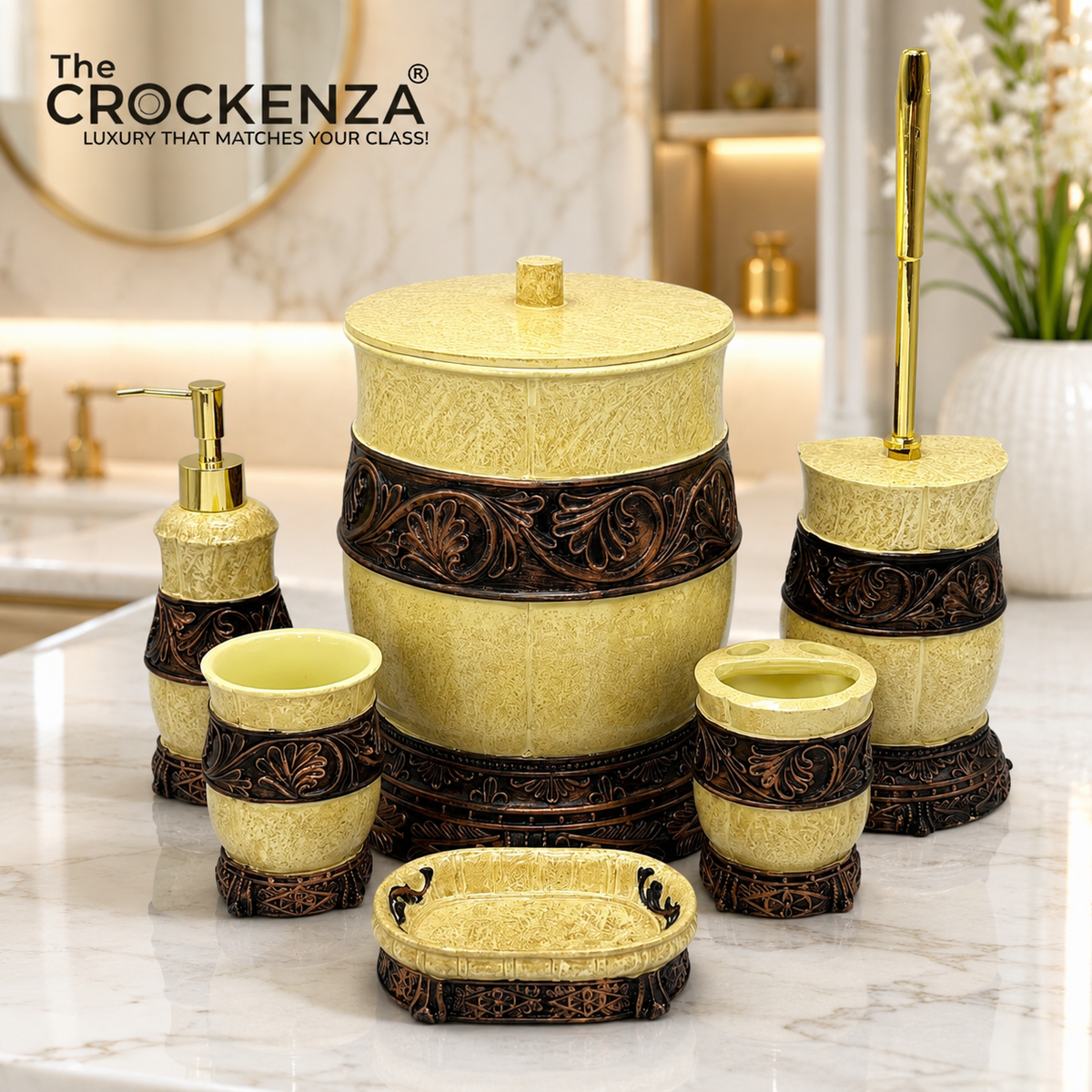 The Crockenza Vintage Marbled Beige & Bronze 6-Piece Bathroom Accessory Set – Premium Carved Filigree Bath Organizer Collection