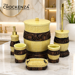 The Crockenza Vintage Marbled Beige & Bronze 6-Piece Bathroom Accessory Set – Premium Carved Filigree Bath Organizer Collection