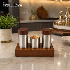 3-Piece Stainless Steel Salt & Pepper Shaker Set with Toothpick Holder & Wooden Base