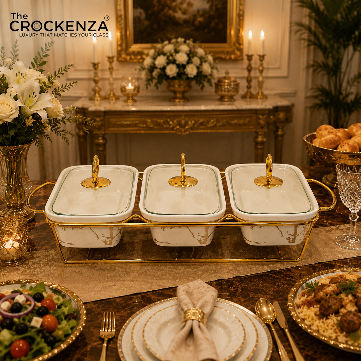 Elegant Triple Chafing Serving Dishes with Handles & Metal Stand – White Marble Buffet Set (9" each)