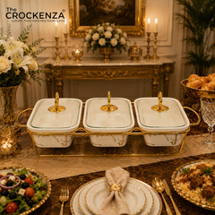 Elegant Triple Chafing Serving Dishes with Handles & Metal Stand – White Marble Buffet Set (9" each)