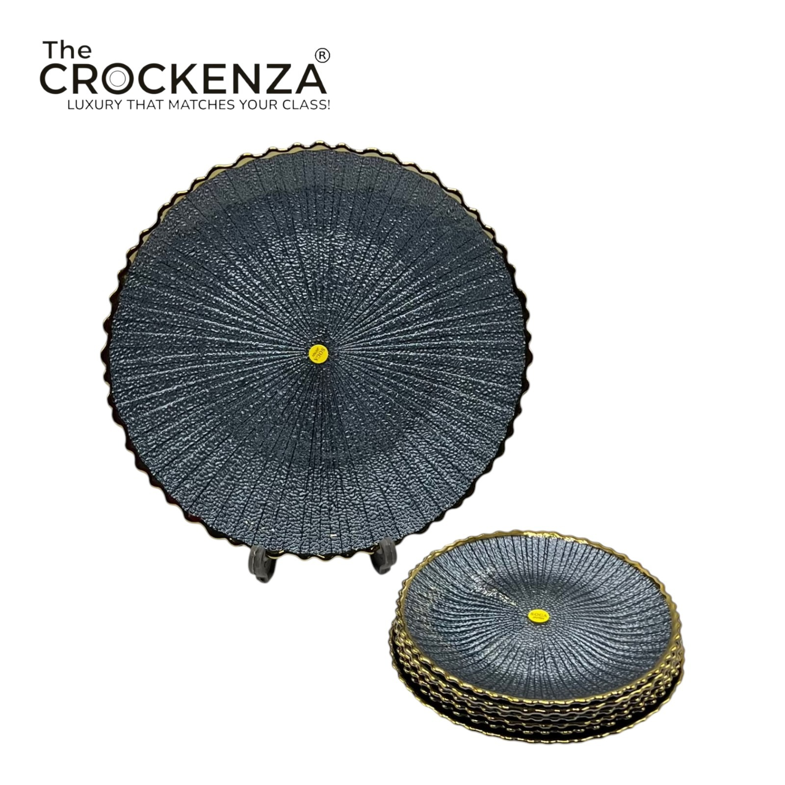 7-Piece Luxury Midnight Blue Textured Glass Cake & Fruit Serving Set with Gold Rim – 1 Large & 6 Small Plates