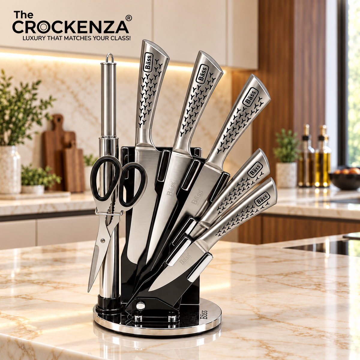 Cut Like a Pro: Imported Bass 8-Piece Elite Stainless Steel Knife Set with 360° Rotating Carousel