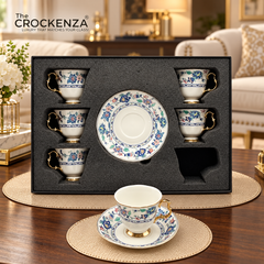 Luxury 12 Pcs Floral Cup & Saucer Set with Gold Handles – Premium Porcelain Tea Cups