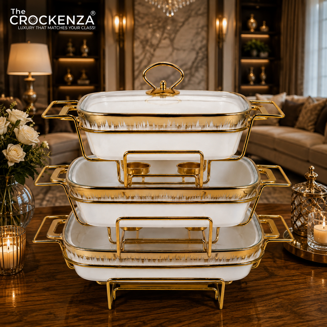 3-Piece Textured Buffet Servers Set with Gold Stand & Glass Lids – Elegant Chafing Dishes for Dawat, Parties,