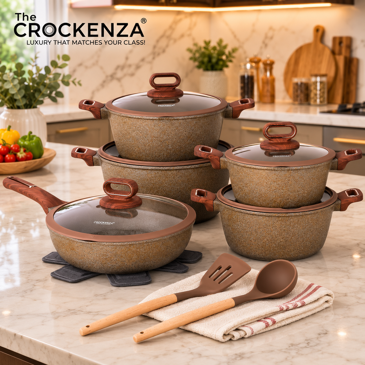 DONNOR BERRY 15-Piece Non-Stick Cookware Set | Premium Aluminum Pots & Pans with Glass Lids | Induction & Gas Compatible - Brown
