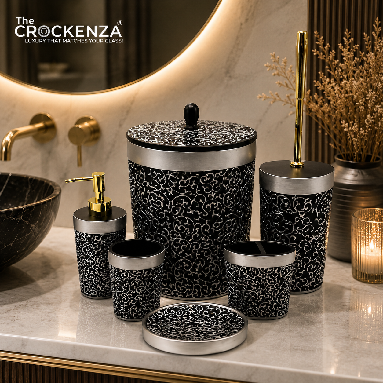 The Crockenza Imperial Black and Silver 6-Piece Bath Set | Luxury Fiber Bathroom Accessories