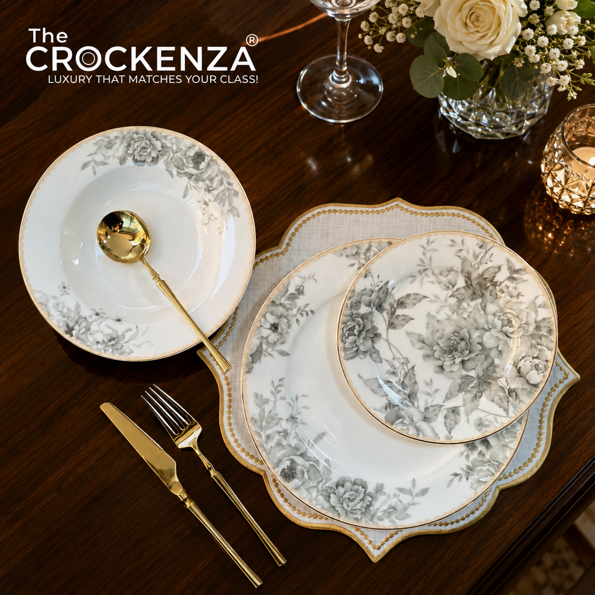 Vintage Grey Rose Johnson Bros inspired 18-Piece Plate Set | Premium Bone China with Gold Accents