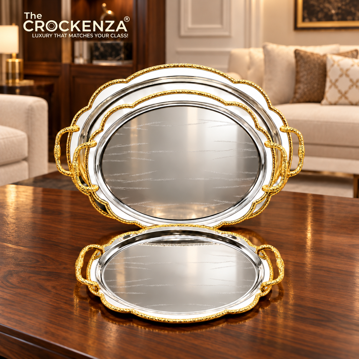 Luxury 3 Pcs Stainless Steel Serving Tray Set – Mirror Polish Finish with Gold Handles