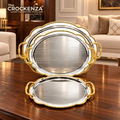 Luxury 3 Pcs Stainless Steel Serving Tray Set – Mirror Polish Finish with Gold Handles