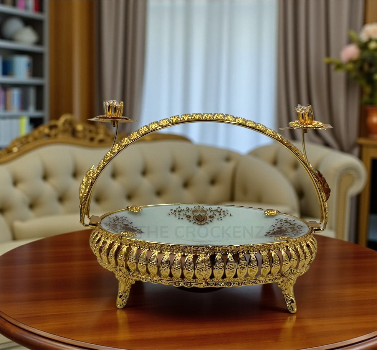 Imported Golden Serving Platter | Luxury Round Tray with Floral Handle Design