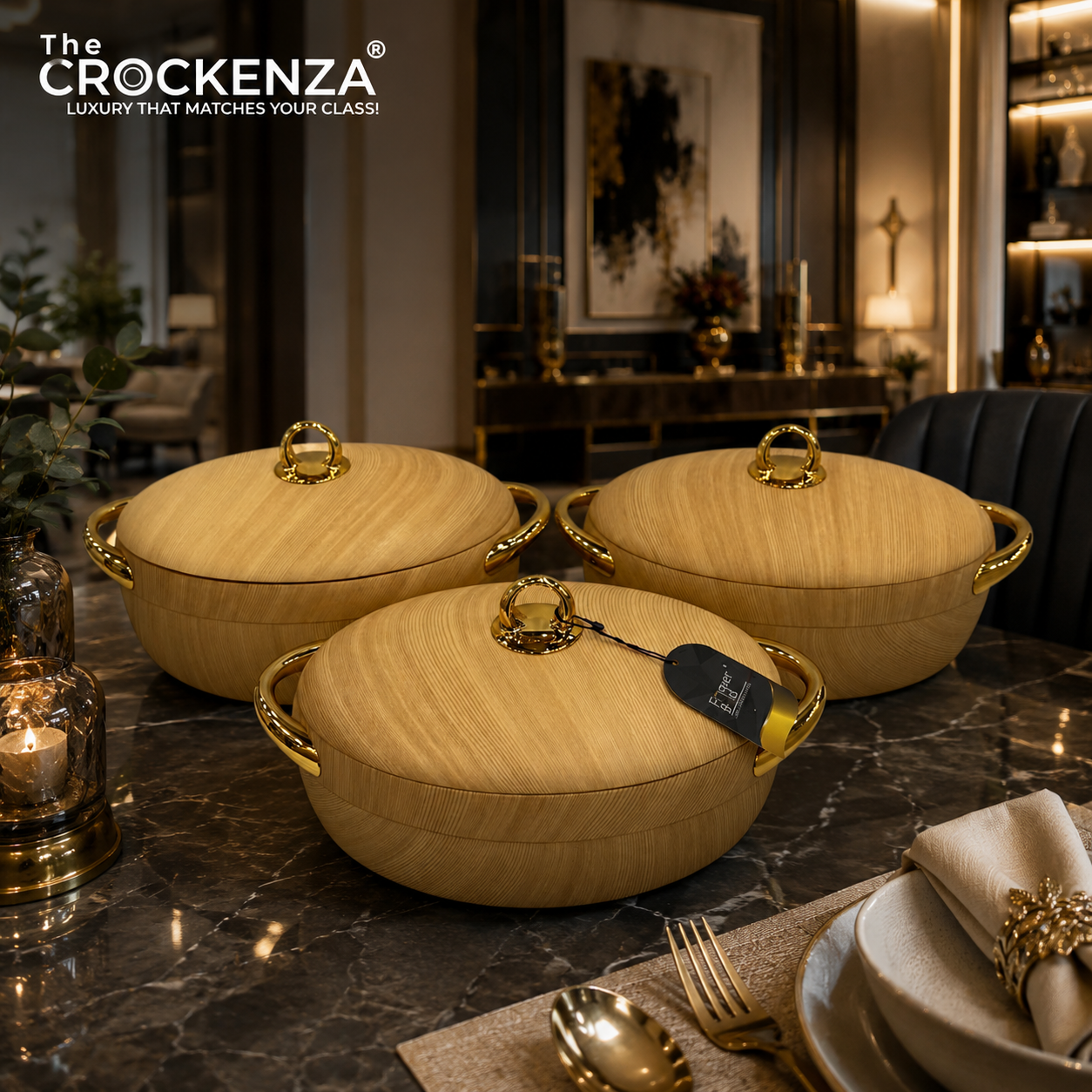 Imported Forever Gold Hot Pot Set – 3 Piece Insulated Casserole Set (2L, 2.5L & 3L) | Luxury Wooden Finish