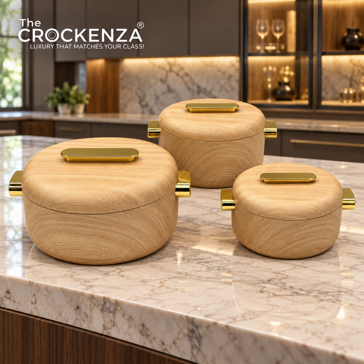 Imported Luxury Collection | Forever Gold 3 Pcs Thermal Hotpot Set | Light Wood Textured Round (1/2/3.5Ltr)