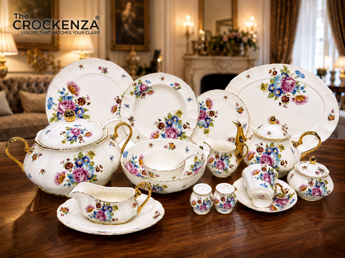 Royal Albert-Style 8-Person Vintage Floral Bone China Dinner Set