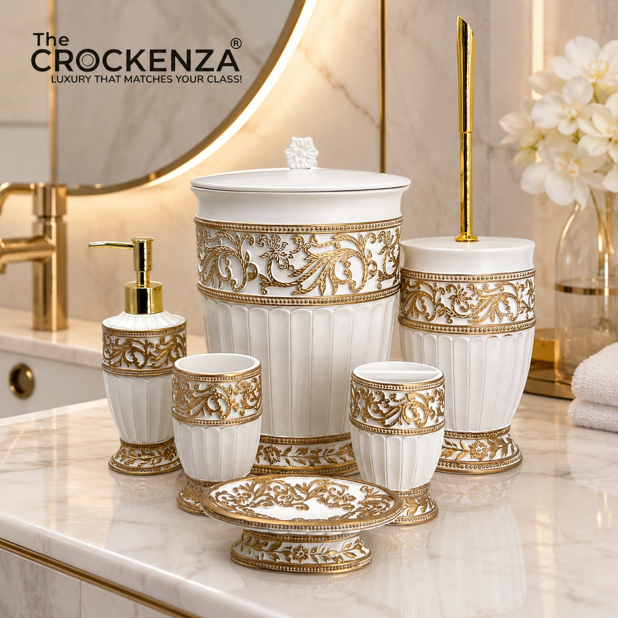 The Versailles Collection: 6-Piece Royal Damask Hand-Carved Fiber Bathroom Ensemble in Pearl White & Antiqued Gold