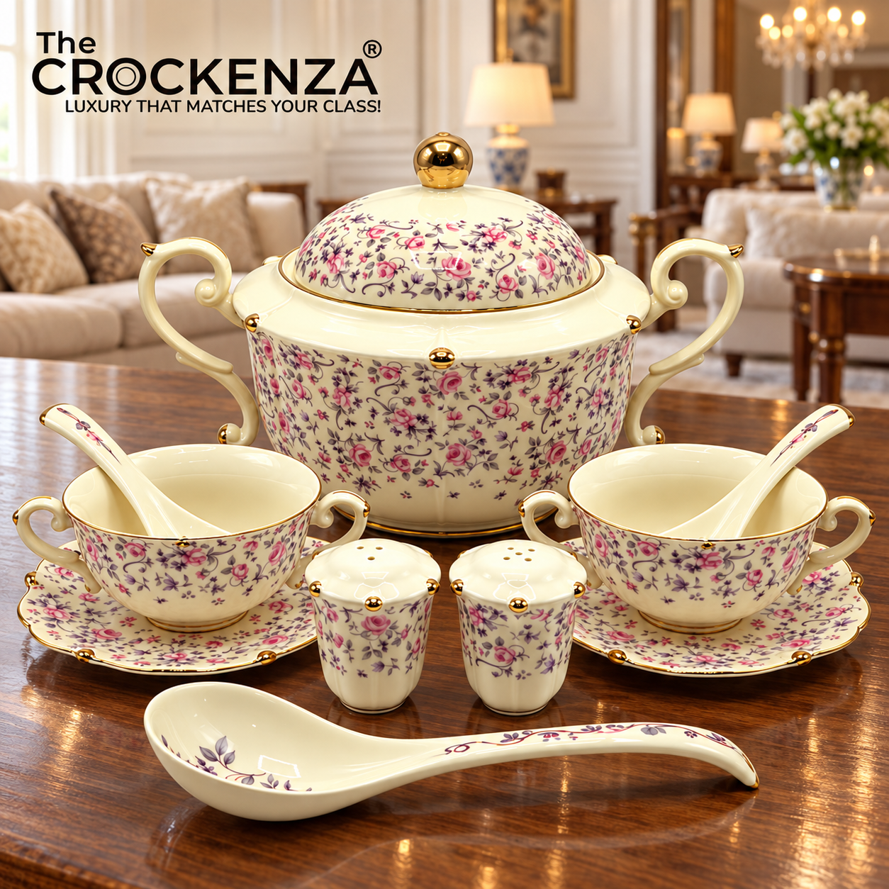 Imported Royal Albert Inspired 23-Piece Floral Soup Set with Gold Trim