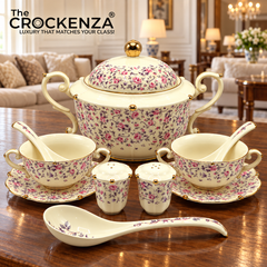 Imported Royal Albert Inspired 23-Piece Floral Soup Set with Gold Trim