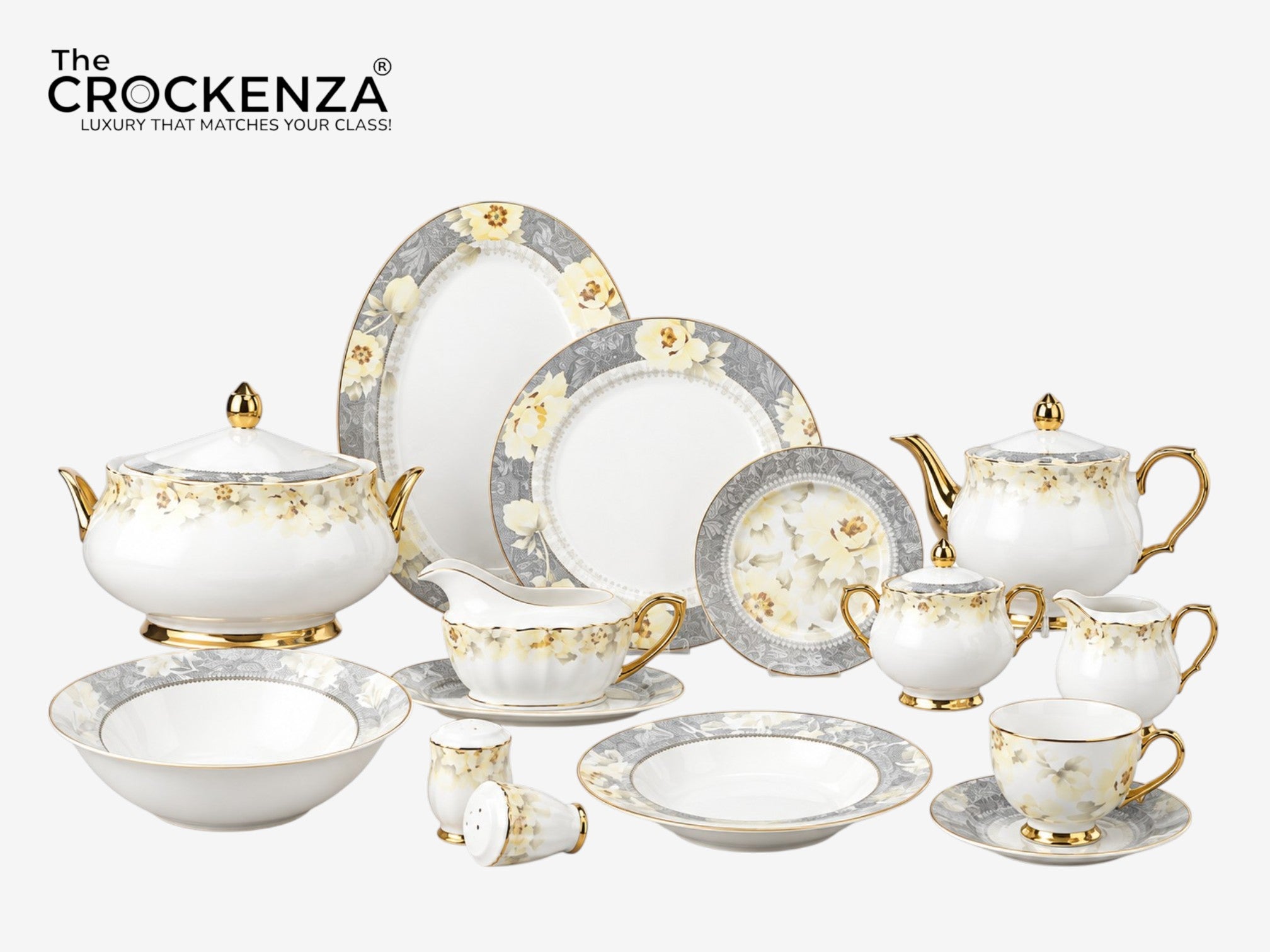 Johnson Bros Inspired Luxury Super Bone China Dinner Set – White, Grey & Gold Floral Design