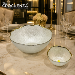 Luxury 7-Piece Gold Rim Textured Glass Bowl Set – 1 Large Serving Bowl & 6 Small Bowls