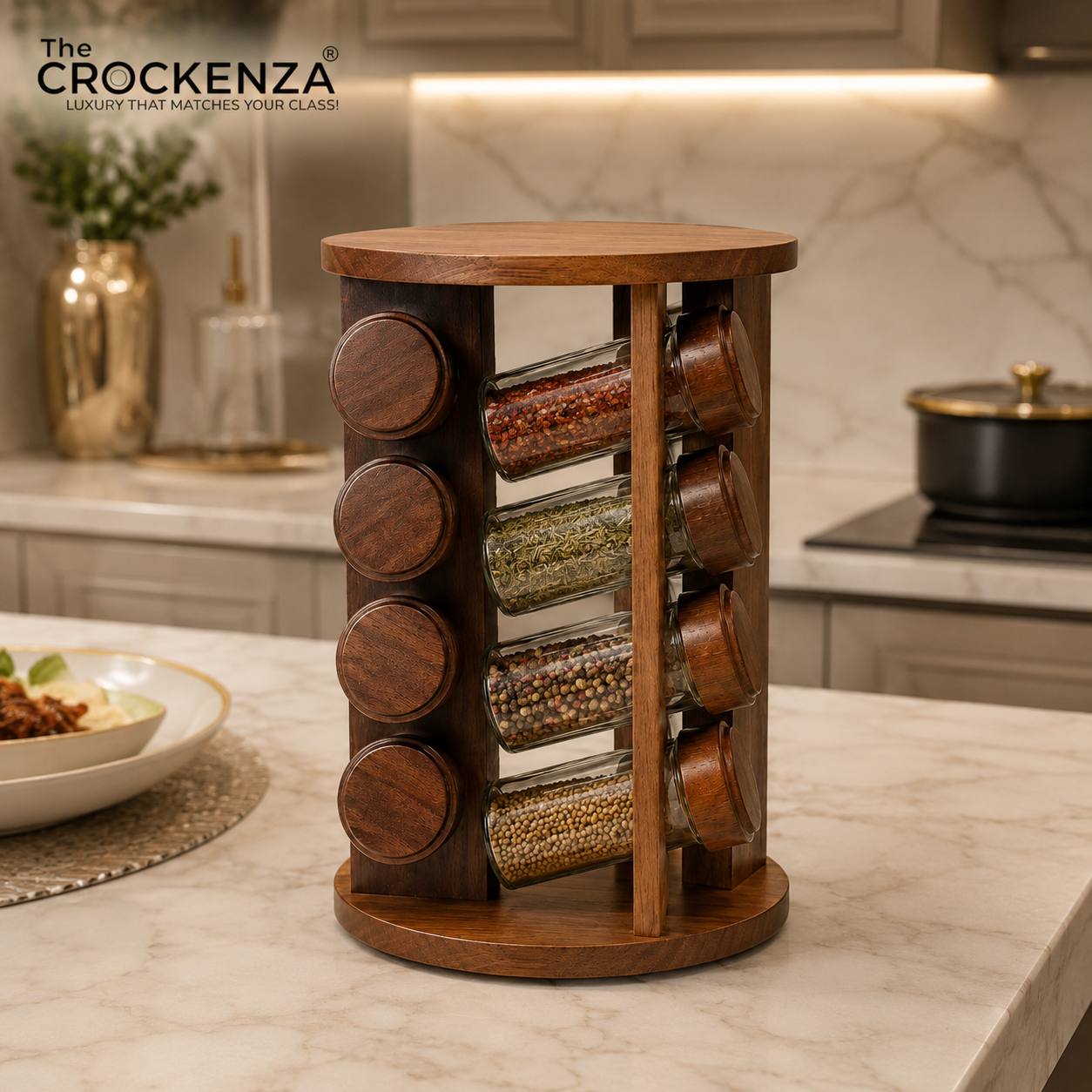 16-Jar Rotating Wooden Spice Rack Tower – Revolving Countertop Storage Organizer Set with Glass Jars