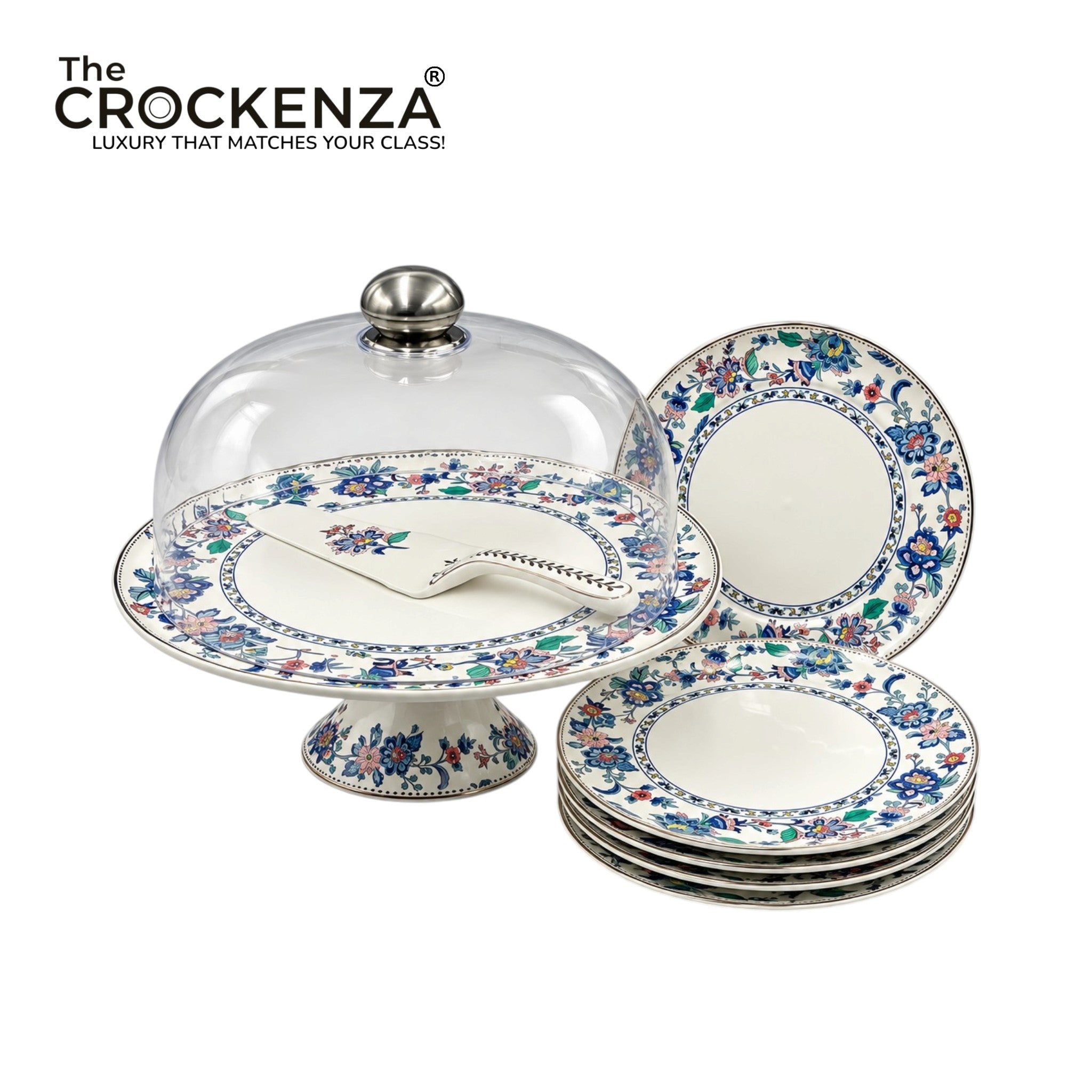 Royal Albert–Inspired 9-Pcs Bone China Cake Set | Floral Elegance with Acrylic Dome
