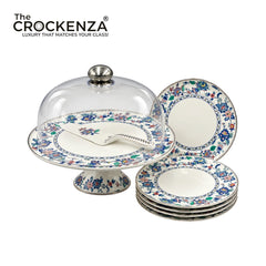 Royal Albert–Inspired 9-Pcs Bone China Cake Set | Floral Elegance with Acrylic Dome