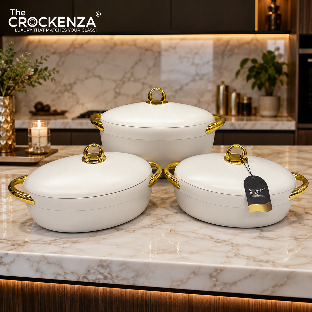Imported Forever Gold Luxury Hot Pot Set – 3 Piece Insulated Casserole Set (2L, 2.5L & 3L) | Elegant White & Gold