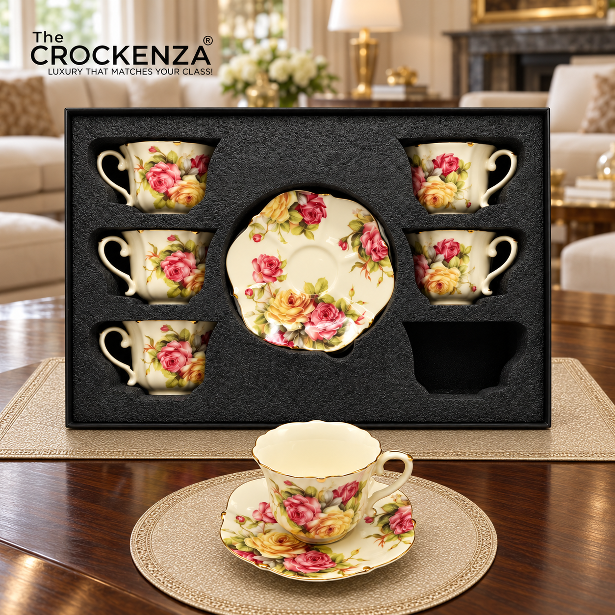 Luxury 12 Pcs Floral Cup & Saucer Set with Gold Handles – Premium Porcelain Tea Cups