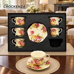 Luxury 12 Pcs Floral Cup & Saucer Set with Gold Handles – Premium Porcelain Tea Cups