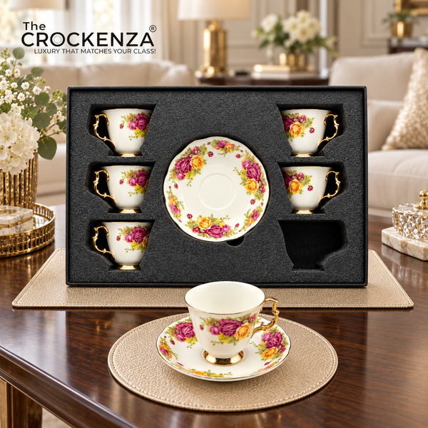 Luxury 12 Pcs Floral Cup & Saucer Set with Gold Handles – Premium Porcelain Tea Cups