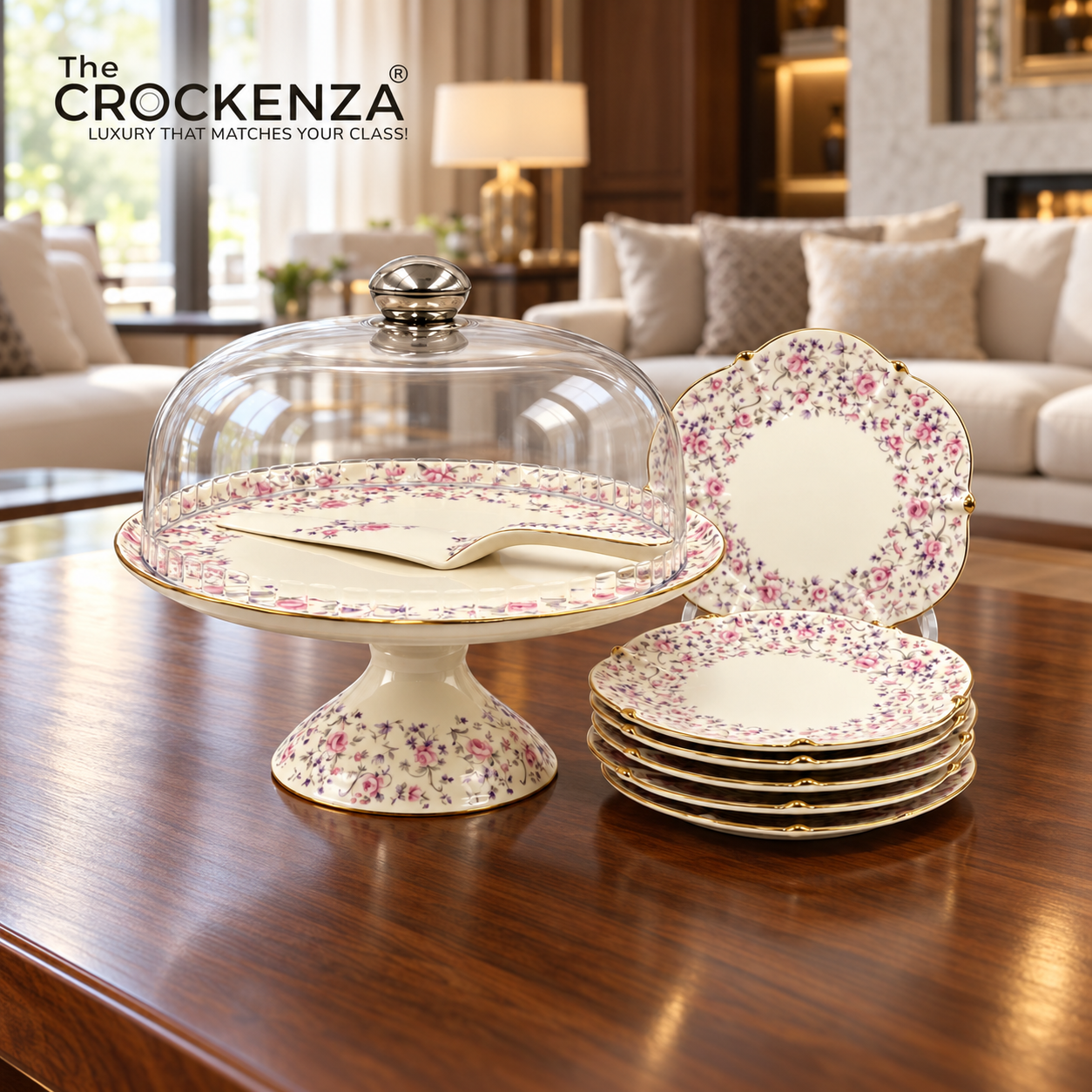 Royal Albert–Inspired 9-Pcs Bone China Cake Set | Floral Elegance with Acrylic Dome lid