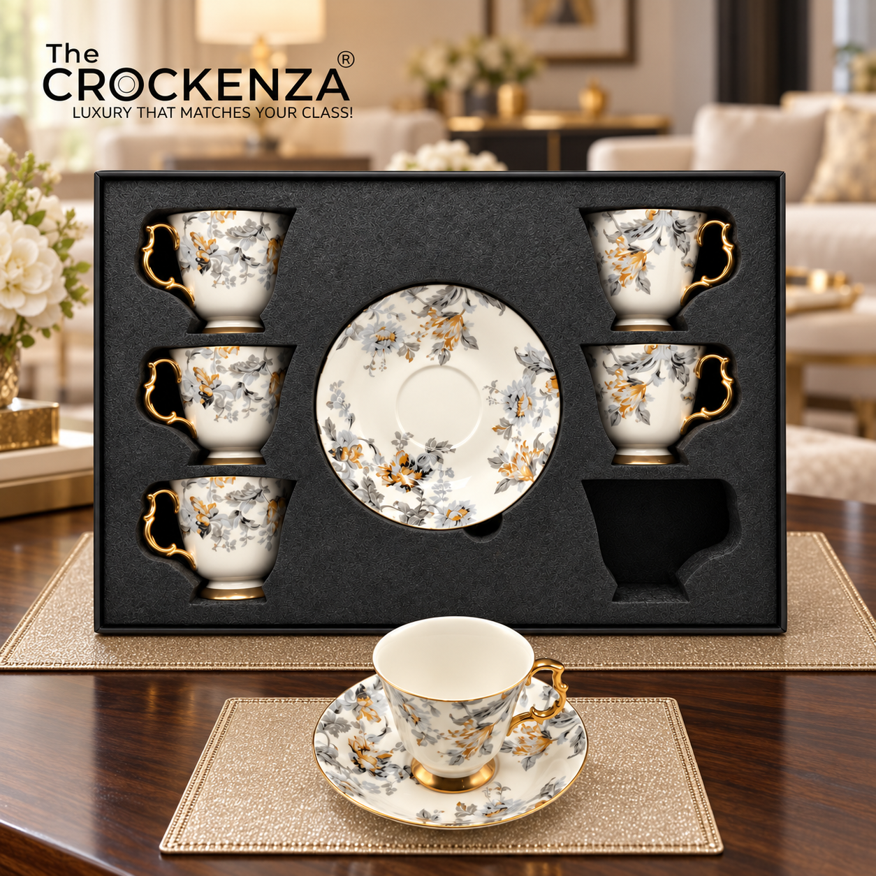 Luxury 12 Pcs Floral Cup & Saucer Set with Gold Handles – Premium Porcelain Tea Cups