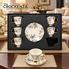 Luxury 12 Pcs Floral Cup & Saucer Set with Gold Handles – Premium Porcelain Tea Cups