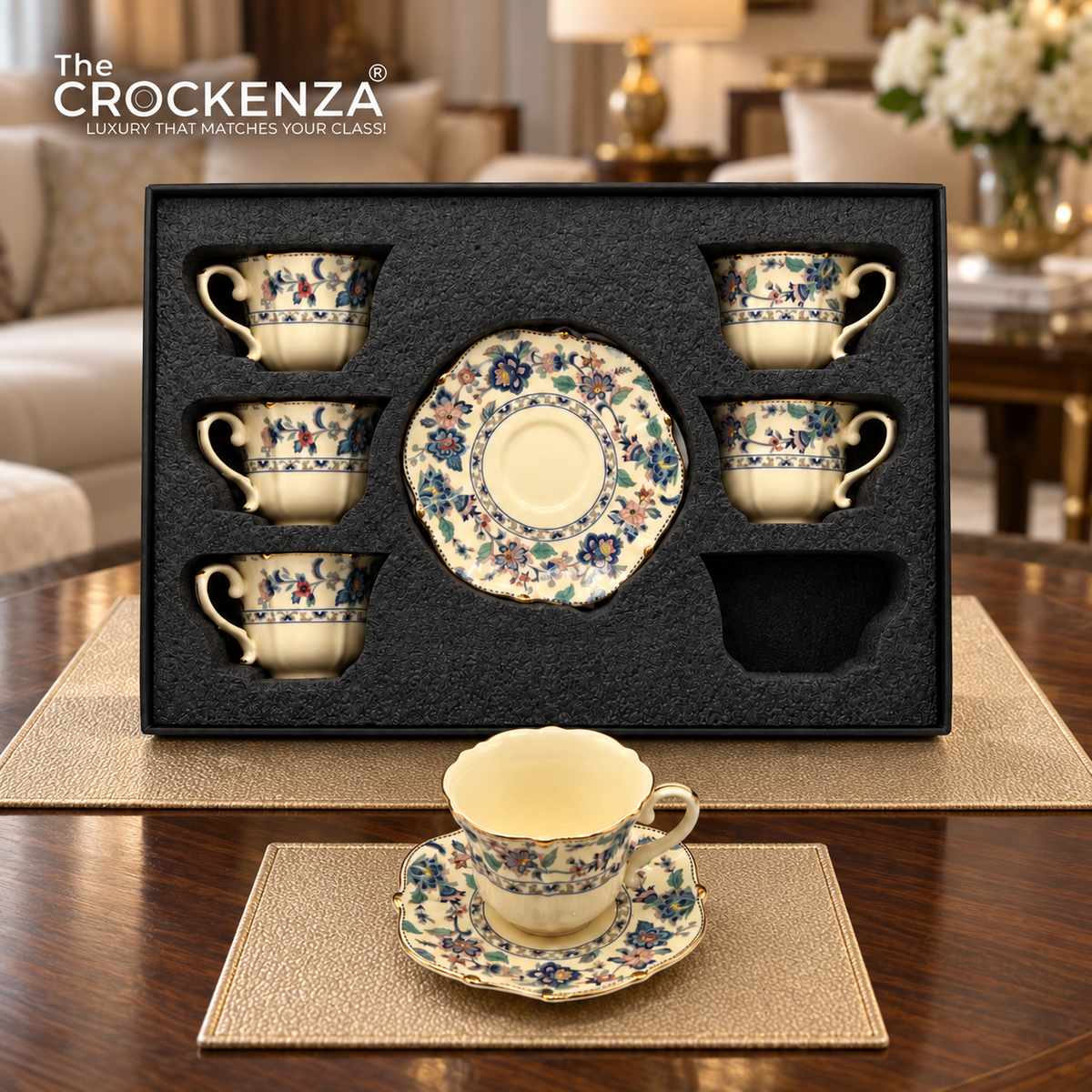 Luxury 12 Pcs Floral Cup & Saucer Set with Gold Handles – Premium Porcelain Tea Cups