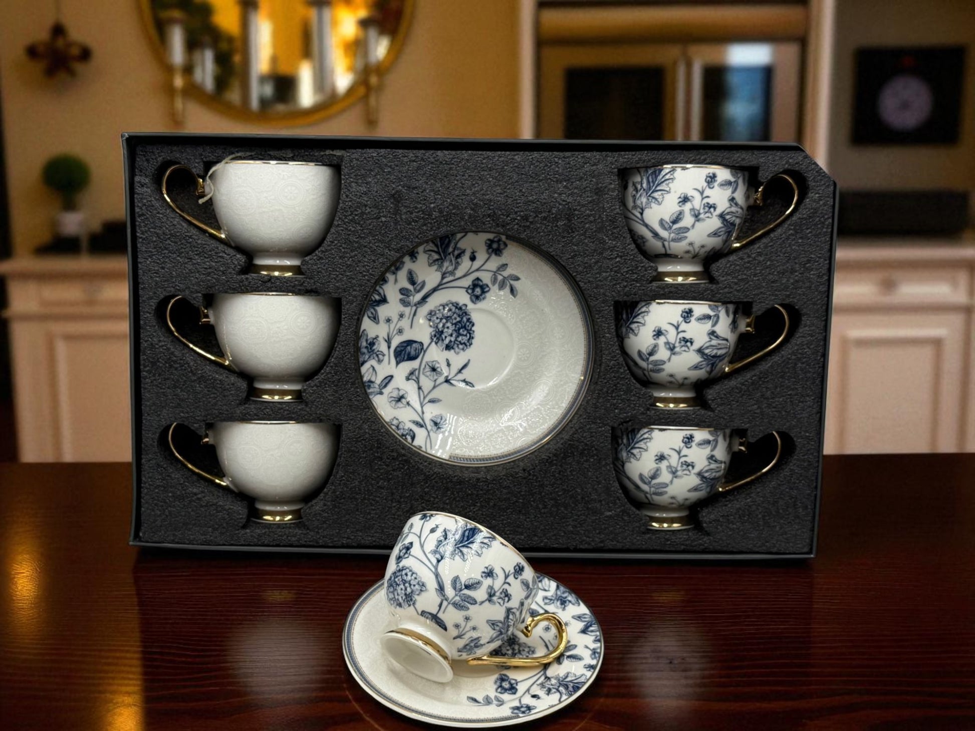 Savor & Serve – Luxury Blue & White Floral Cups & Saucers 12 (Pcs)