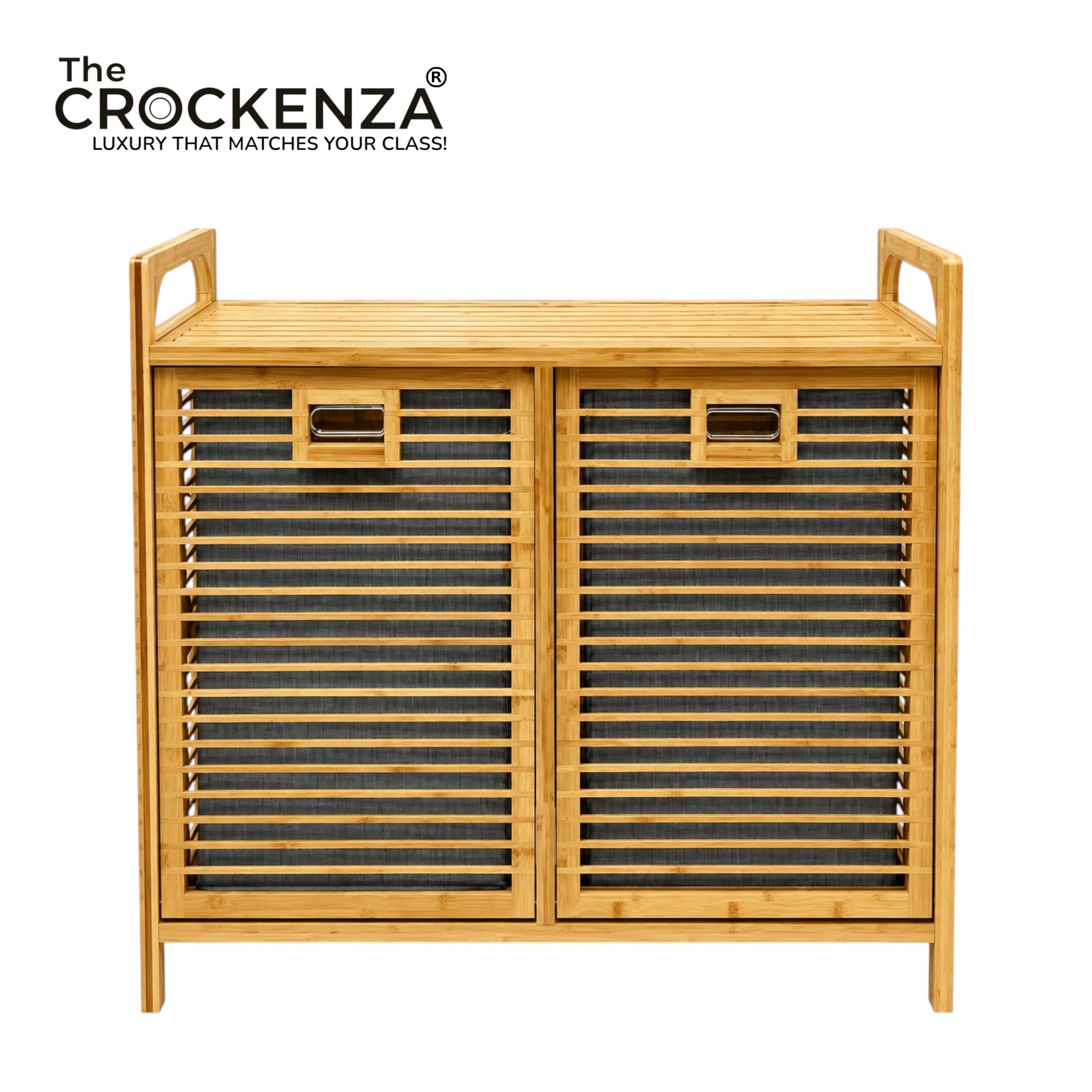 2-Compartment Eco-Friendly Bamboo Wooden Laundry Basket Unit with Top Display Shelf & Removable Fabric Bags