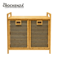 2-Compartment Eco-Friendly Bamboo Wooden Laundry Basket Unit with Top Display Shelf & Removable Fabric Bags