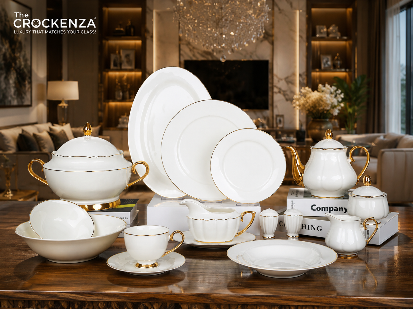 Imported Johnson Bros Inspired Luxury Gold-rimmed Plain White Complete Dining Set — 65 & 89 Pcs Serving