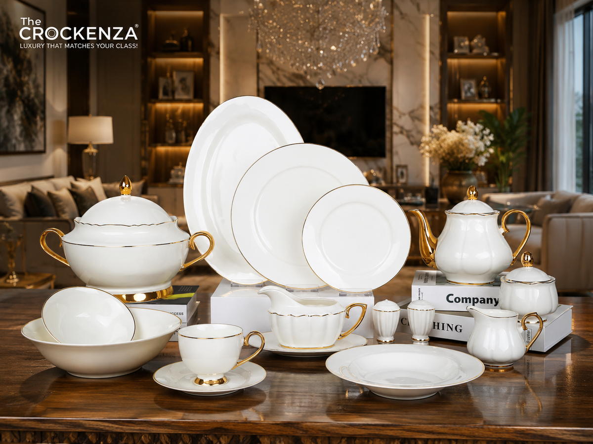 Imported Johnson Bros Inspired Luxury Gold-rimmed Plain White Complete Dining Set — 65 & 89 Pcs Serving