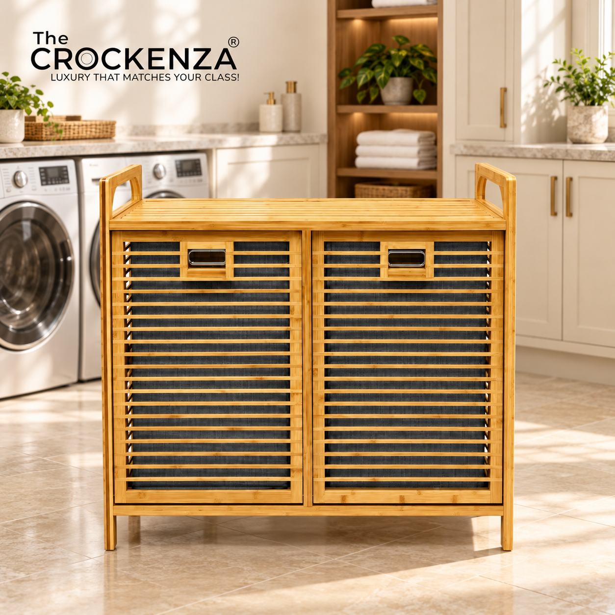 2-Compartment Eco-Friendly Bamboo Wooden Laundry Basket Unit with Top Display Shelf & Removable Fabric Bags