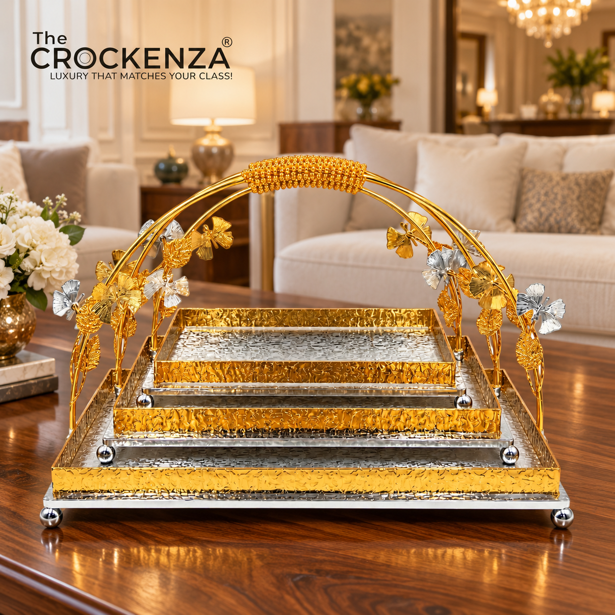 Luxury Decorative Gold Rectangular Serving Platter with butterflies on handle – Elegant Tableware for Parties & Events