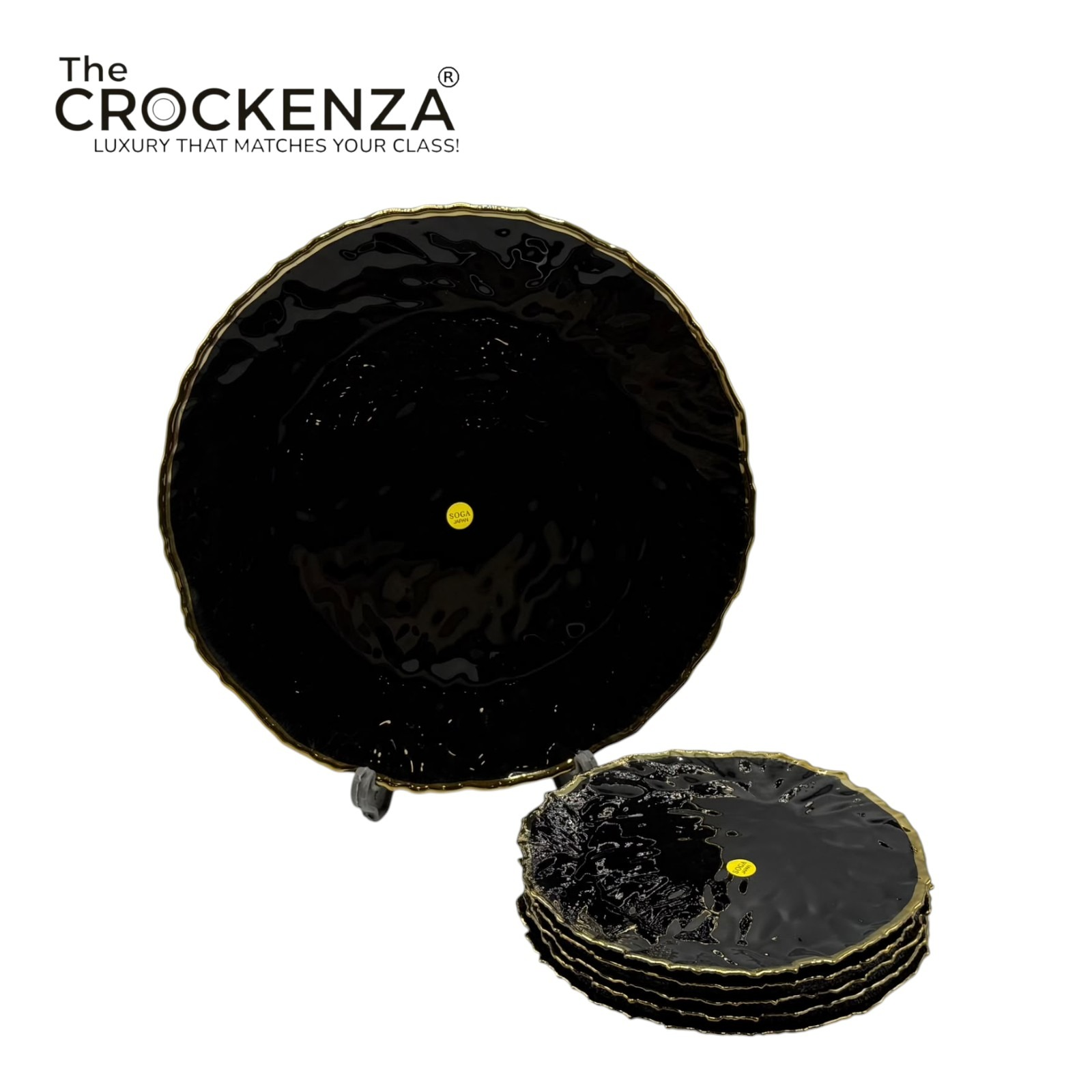Luxury 7-Piece Black & Gold Glass Cake Set – Premium Scalloped Serving & Dessert Plates