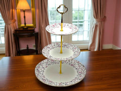 Royal Albert-Inspired 3-Tier Bone China Pastry Stand – Elegant Floral Design with Gold Handle
