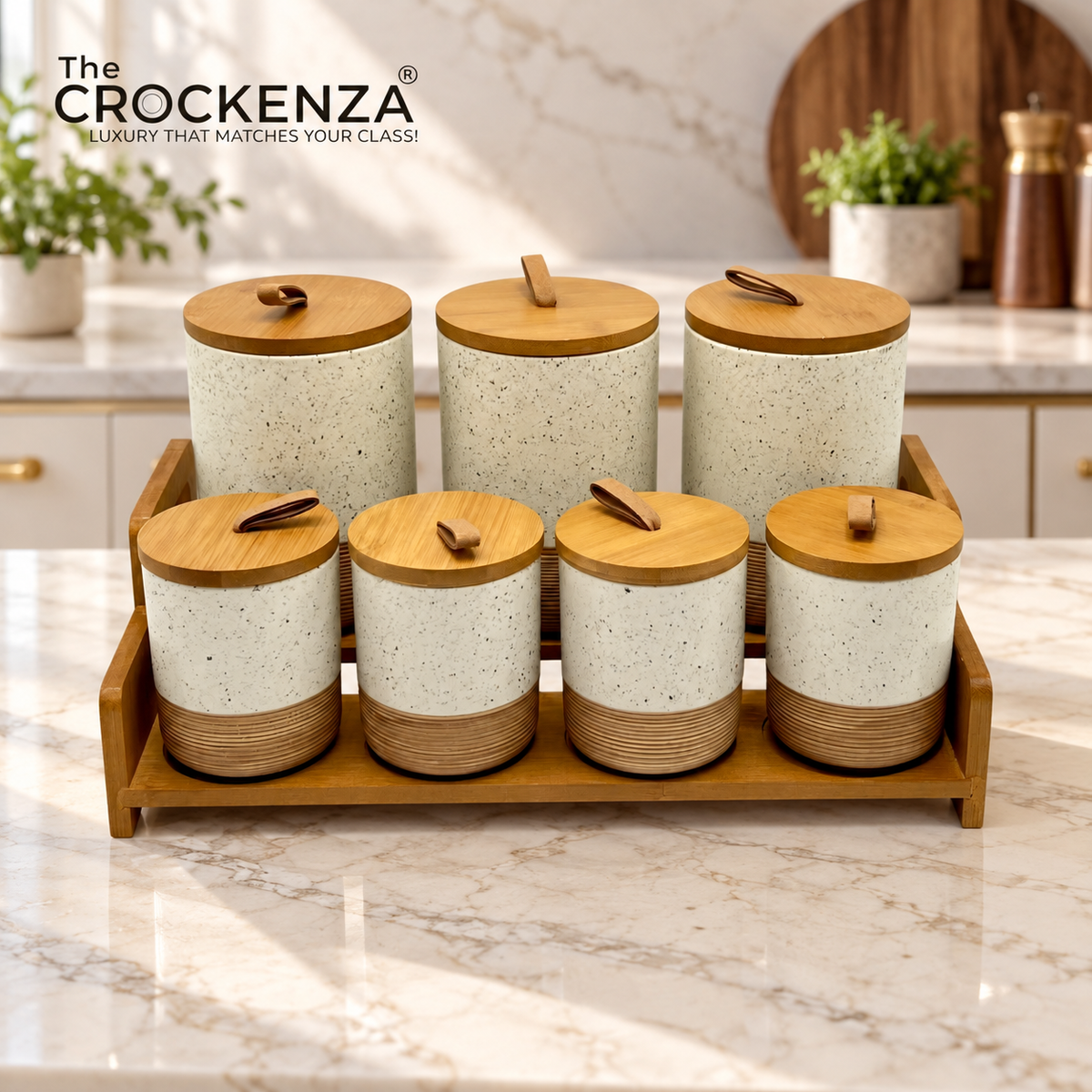 7-Piece Ceramic Airtight Jar Set with Wooden Lids & Storage Tray