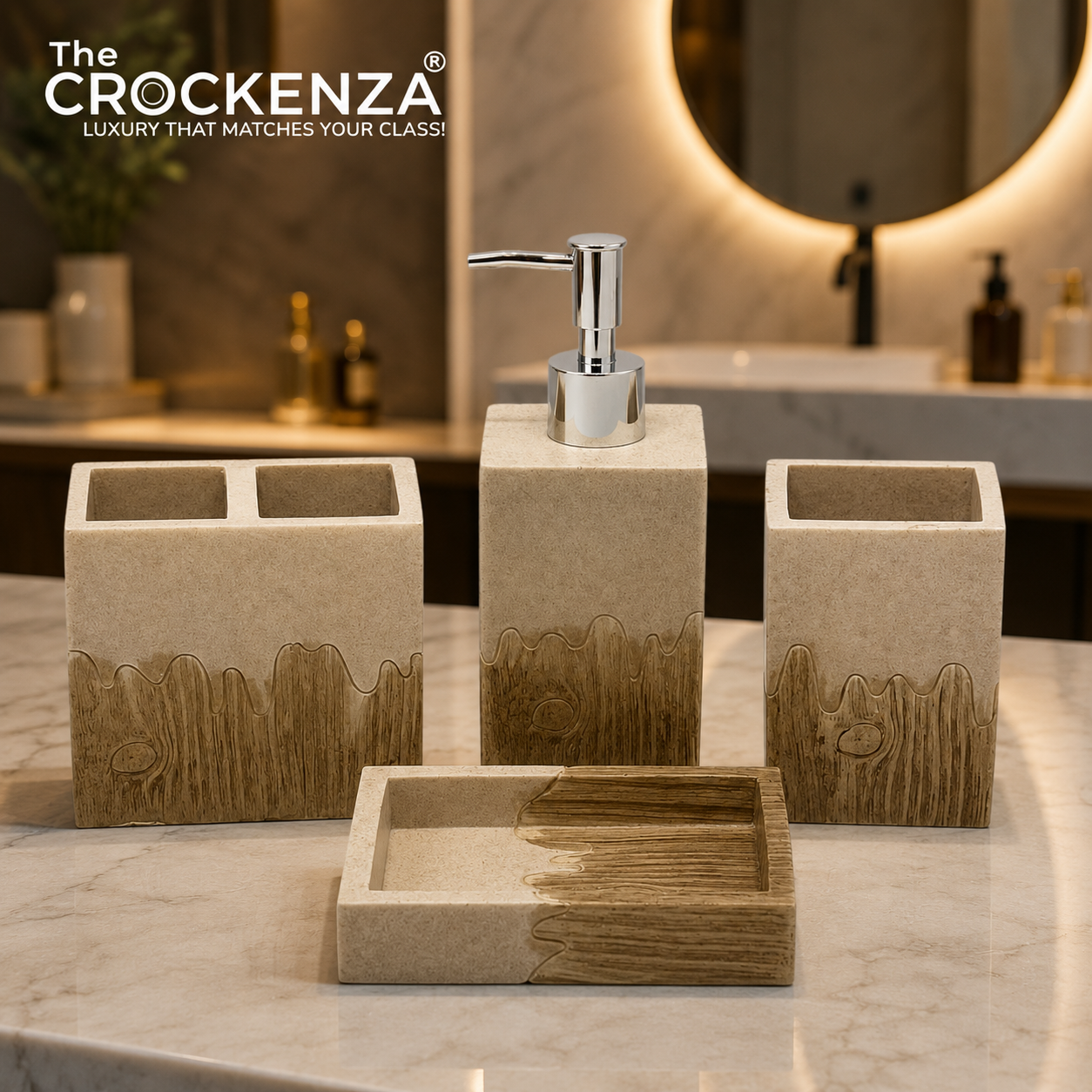 The Crockenza Sandstone and Wood Grain 4-Piece Fiber Bathroom Accessory Set